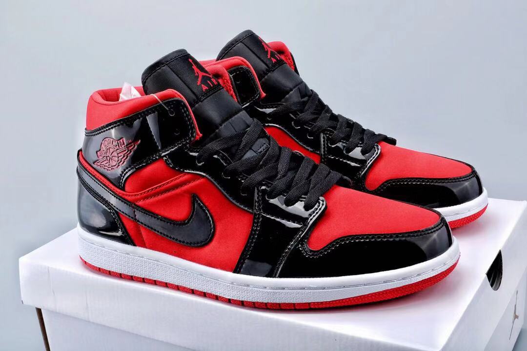 2020 Air Jordan 1 Mid Patent Leather Black Red Shoes - Click Image to Close